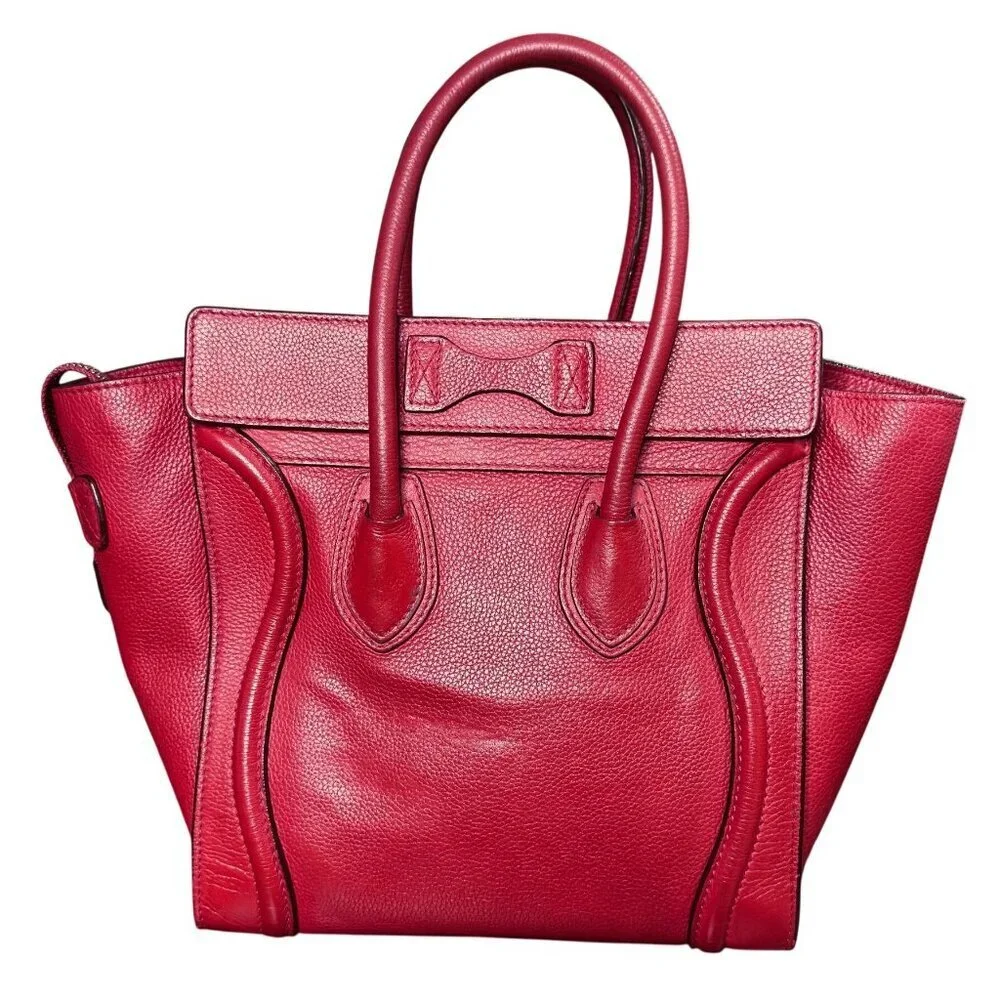 Céline Mini Luggage Tote Red Drummed Calfskin Leather Bag MSRP $3,100